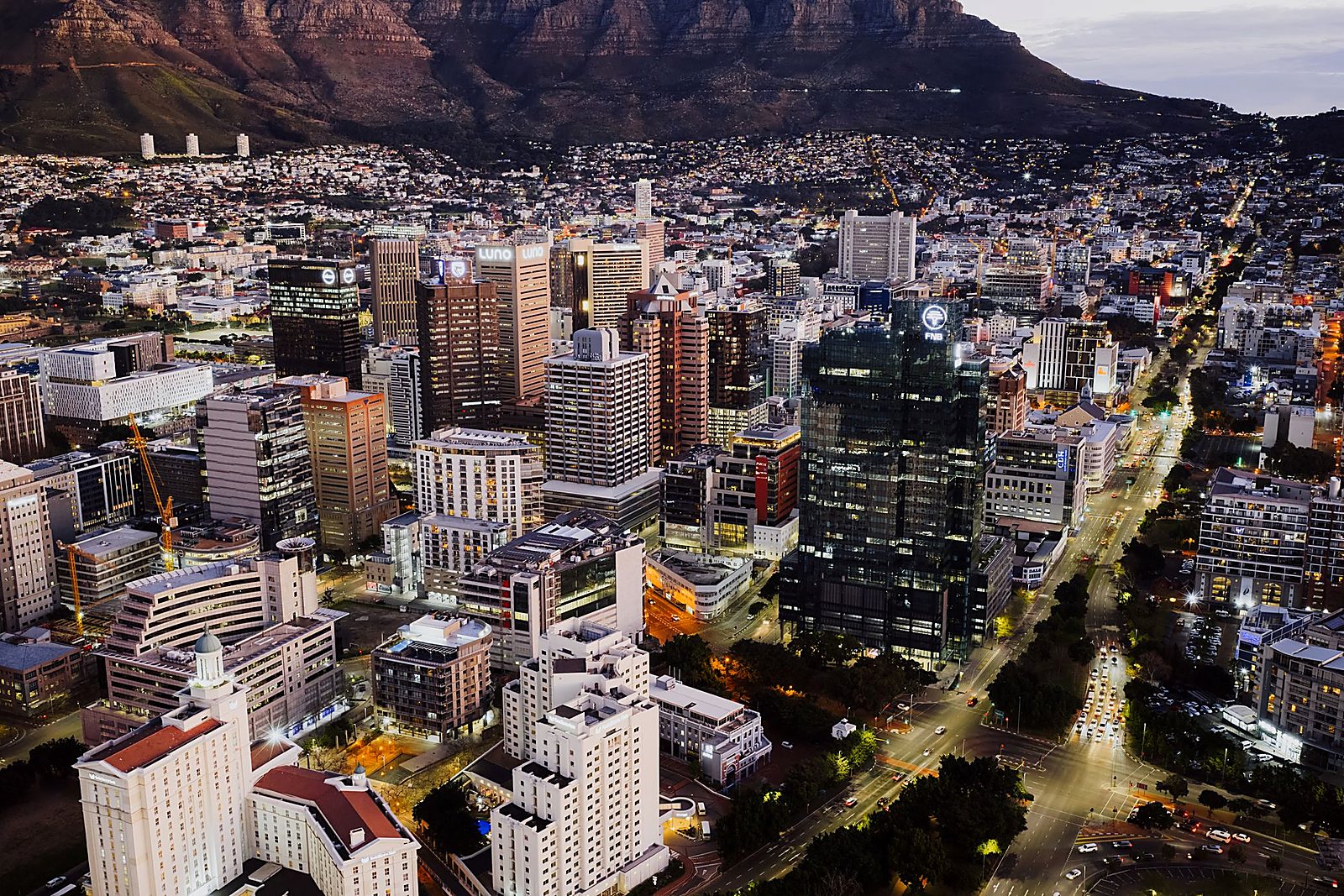 Cape Town at twilight, the city below Table Mountain